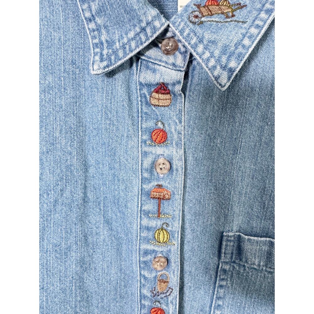 Vintage Collared Denim Button Down Shirt Embroidered Fall Motif Pumpkins Autumn - Picture 5 of 16